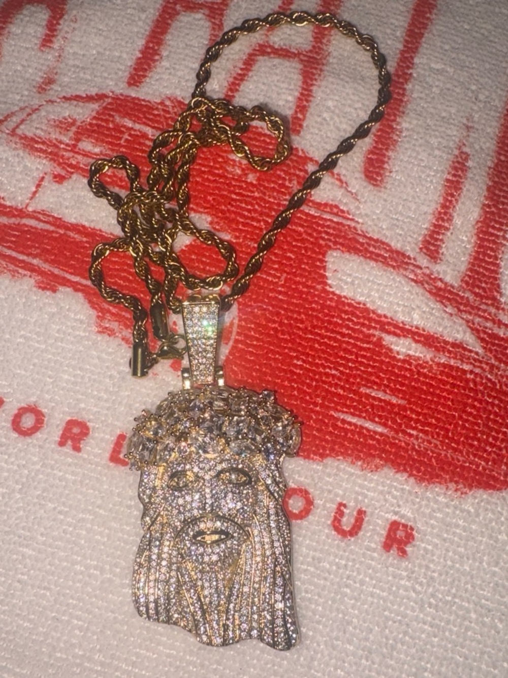 Gold-Tone Pave Jesus Head Pendant Necklace - Unbranded